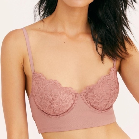 NWT Free People Bianca Lace Longline Underwire Bra In Vintage Rose Pink - Picture 1 of 9